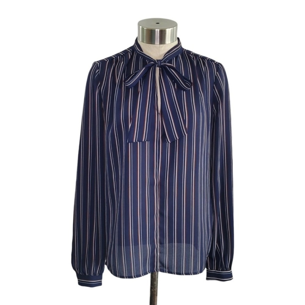 WAYF Blue Pinstripe Tie Neck Long Sleeve Semi-Sheer Blouse Top Women's Size XS